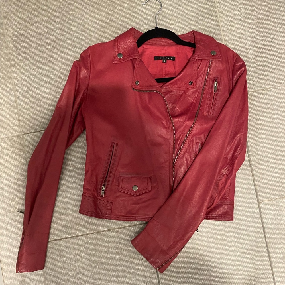 THEORY genuine leather Moto jacket in raspberry color